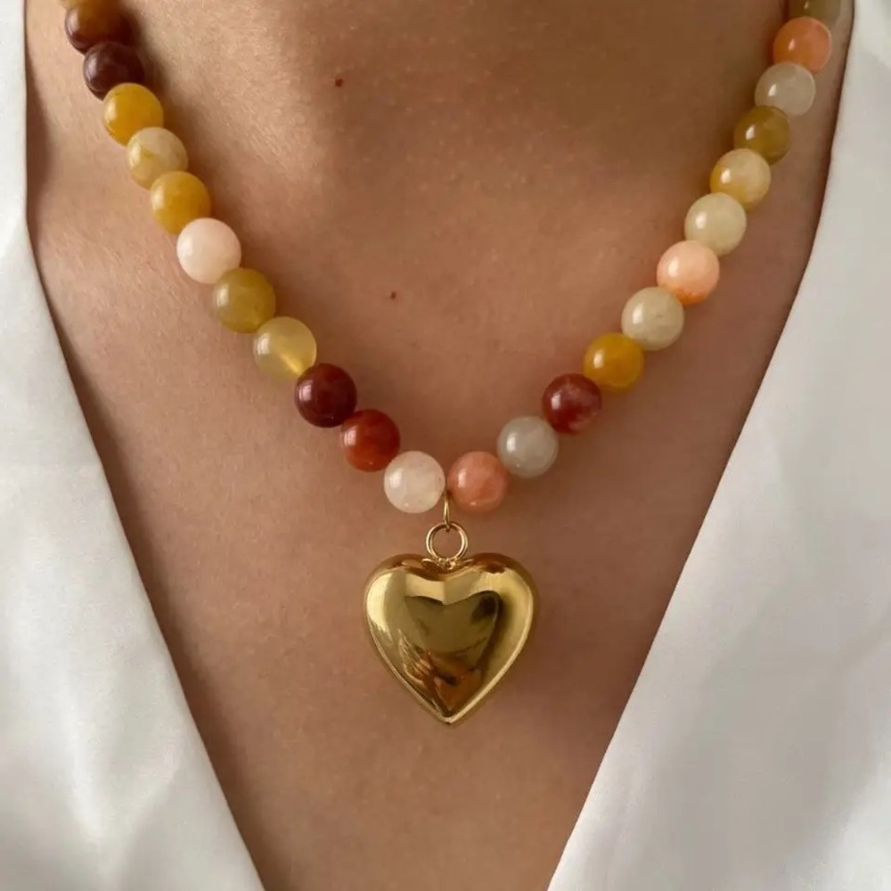 Vibrant Beaded Necklace with Gold Heart Pendant - Picture 5 of 6